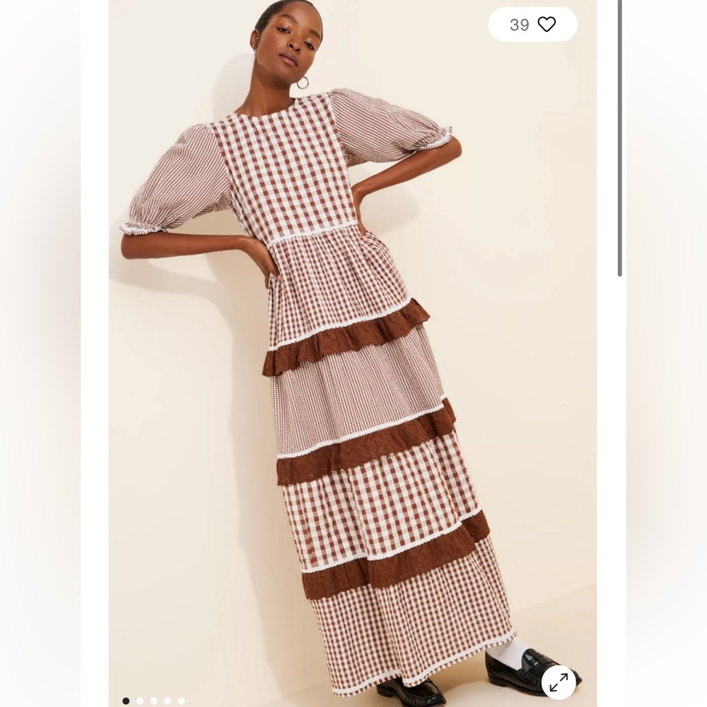 Neon Rose Gingham Tiered Puff Sleeve Maxi Dress